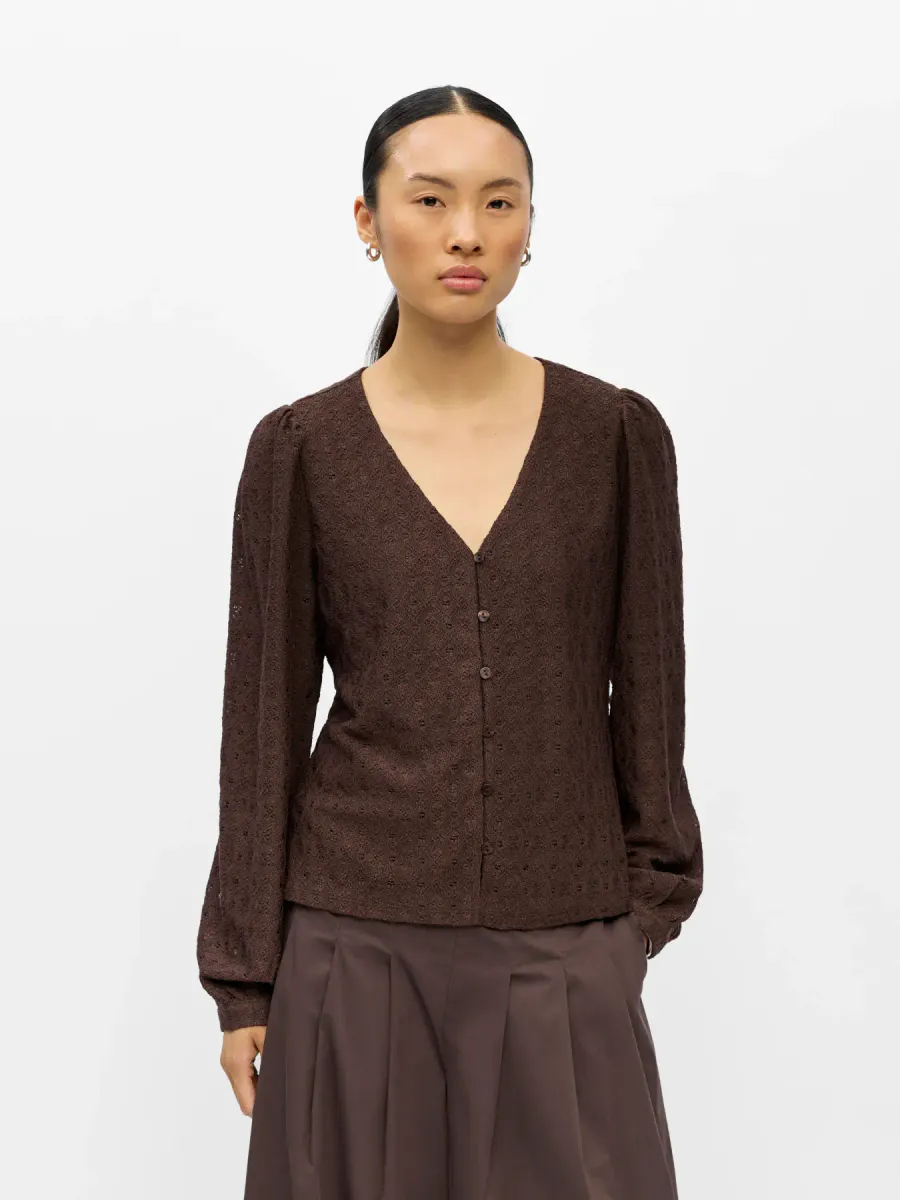 OBJLAILA L/S V-NECK TOP SEAL BROWN
