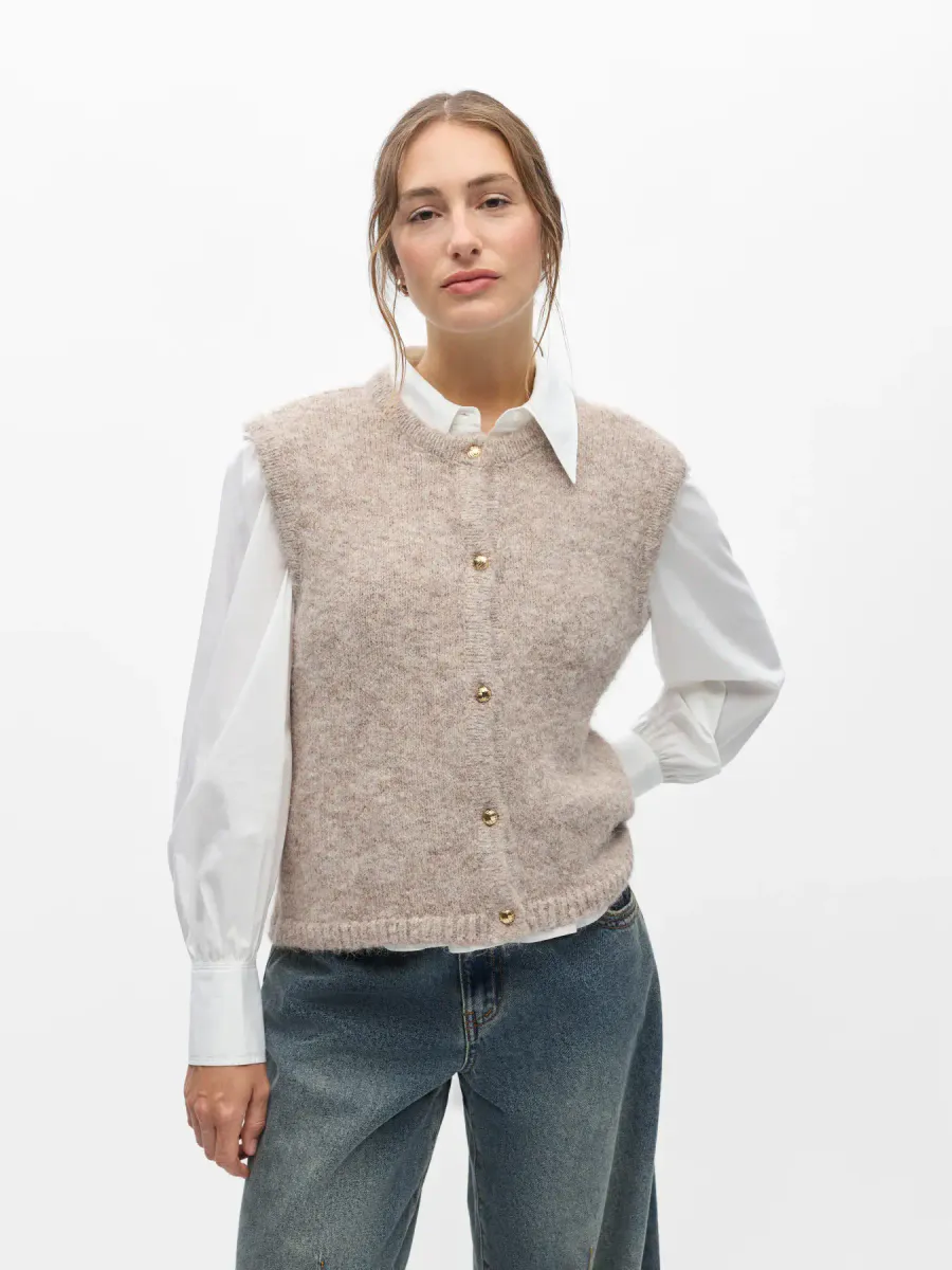 OBJSAGGIA RE KNIT VEST CARDIGAN HUMUS MELANGE