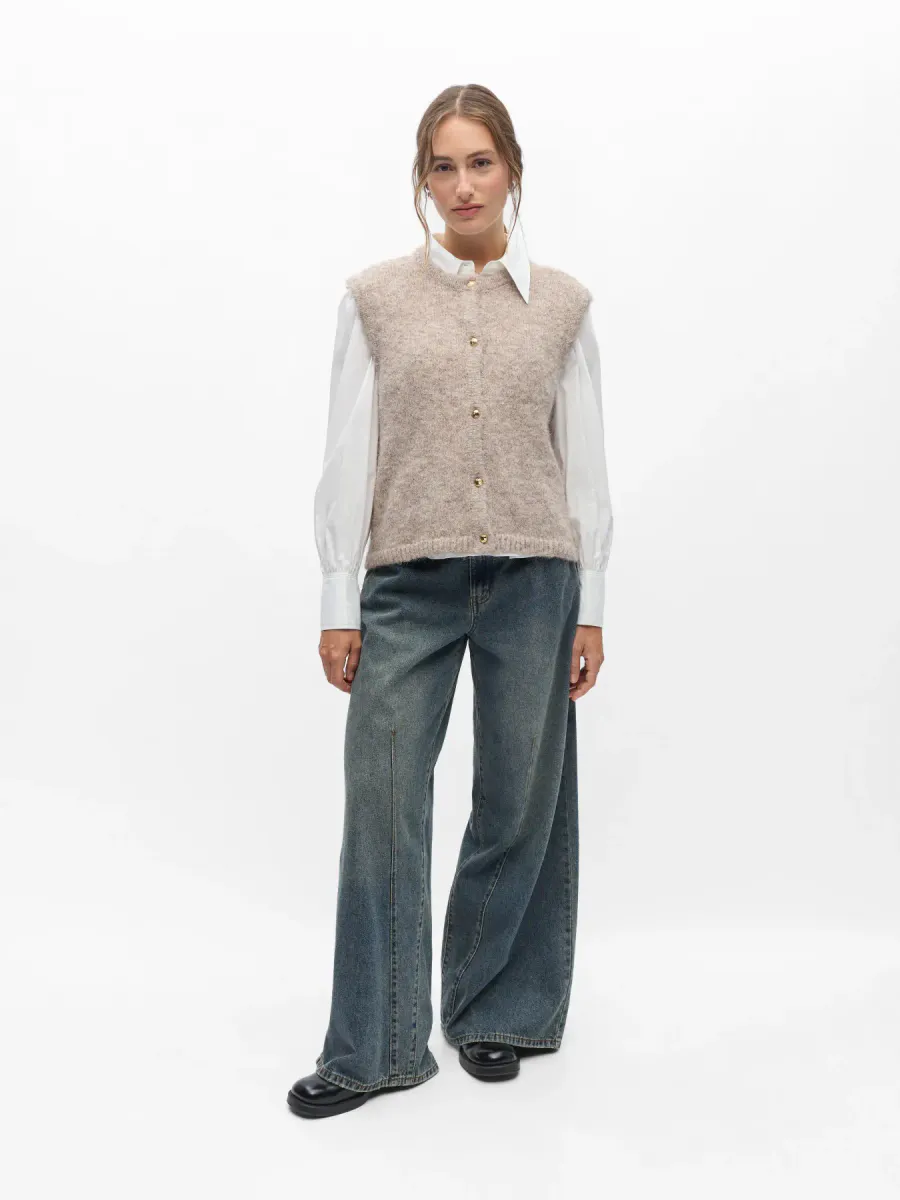 OBJSAGGIA RE KNIT VEST CARDIGAN HUMUS MELANGE