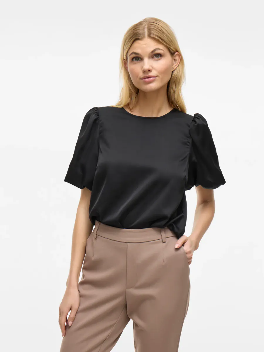 VIELLETTE 2/4 SATIN PUFF TOP BLACK